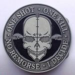 belt buckle, One Shot One Kill No Remorse I Decide Sniper Skull 